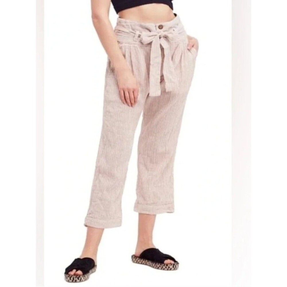 Free People | Striped High Rise Paperbag Waist Cropped Pants Size Large